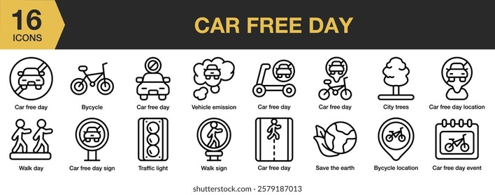 Car Free Day icon set. Includes awareness, bicycle, nature, pollution, walking, eco, and More. Outline icons vector collection.