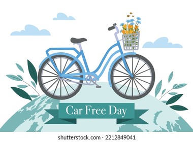 Car free day. Poster or banner for website. Caring for nature and environment. Eco friendly and responsible society. Reducing emissions of harmful substances. Cartoon flat vector illustration