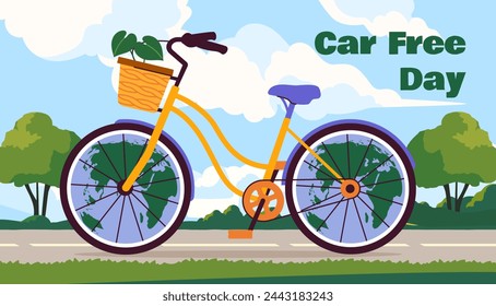 Car free day poster. Bicycle with flowerpot. Eco friendly transport. Cycle at city park. Care about nature and environment. International holiday and festival. Cartoon flat vector illustration