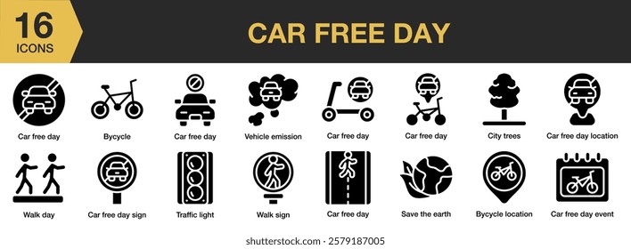 Car Free Day solid icon set. Includes awareness, bicycle, nature, pollution, walking, eco, and More. Solid icons vector collection.