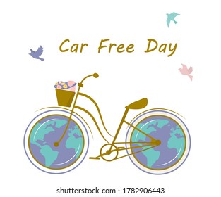 Car Free Day. Day Without a Car. Bicycle and Earth. Sepember 22. World Environment Eay. Ecological Clean Earth. Birds on Background. Flat Vector Illustration