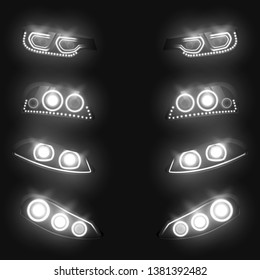 Car front and back headlights glowing white in darkness realistic vector set isolated on black background. Automobile industry light equipment technologies, vehicles exterior design element collection