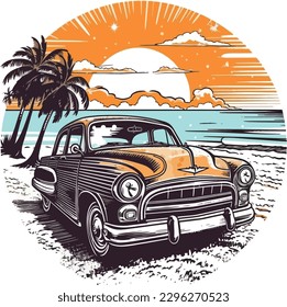 car in front of a Beach Hand drawn illustration, car Hand drawn illustration design, car Hand drawn illustration for t-shirt design