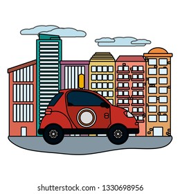 car in front buildings