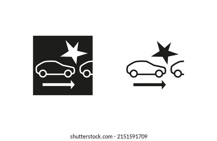 Car Front Collision Warning System Icon. The Moment Of The Accident. Silhouette And Linear Original Logo. Simple Outline Style Sign Symbol. Vector Illustration Isolated On White Background. EPS 10.