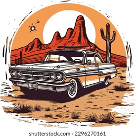 car in front of a desert Handdrawn illustration, car Handdrawn illustration design, car Handdrawn illustration for t-shirt design
