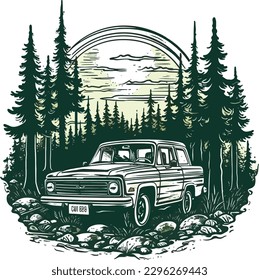car in front of a forest Hand drawn illustration, car in front of a forest Hand drawn illustration