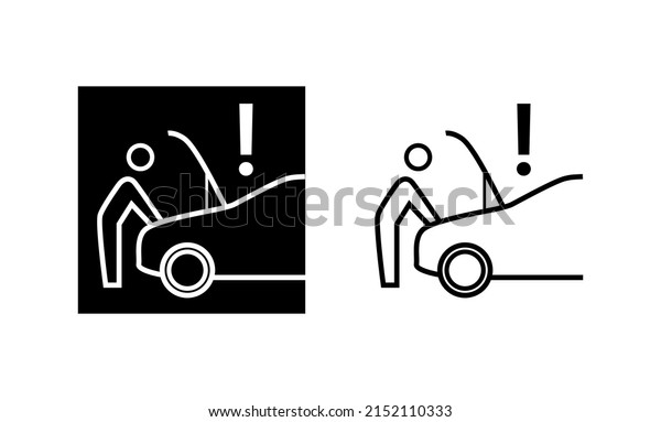 Car front hood open icon. The man at the head of\
the faulty car. Silhouette and linear original logo. Simple outline\
style sign icon. Vector illustration isolated on white background.\
EPS10.