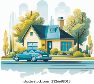 Auto vor einem Haus. Vektorgrafik auf weißem Hintergrund.