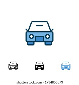 Icono frente al coche con un estilo diferente. Iconos vectoriales de la vista frontal del coche en color y negro diseñados en contorno, línea, glifo y estilo sólido. Ilustración vectorial aislada en fondo blanco. EPS 10