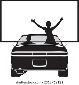 Car in front of a large screen to watch movies from inside the car. Drive-in movie
