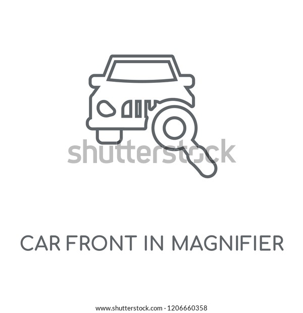 Car front In Magnifier Glass linear icon. Car front\
In Magnifier Glass concept stroke symbol design. Thin graphic\
elements vector illustration, outline pattern on a white\
background, eps 10.