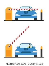 Car in Front of Open and Closed Gate Barrier. Transportation means, parking vehicles and urban scenes concept vector art