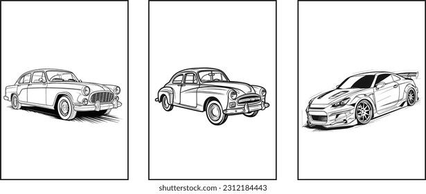 Car in front of road Coloring page Bundle, Car Coloring page design set, outline design