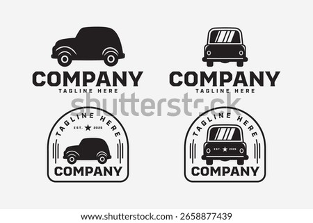 Car front and side view retro logo badge design set for automotive, workshop, garage, repair. Old school car silhouette logo bundle. Classic auto car minimalist symbol illustration design pack