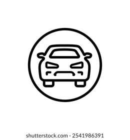 Ícone simples de linha frontal do carro. Símbolo de revendedor de automóveis e automóveis. Auto, ver, esporte, raça, transporte, sinal de contorno de transporte. Ilustração vetorial isolada no plano de fundo branco