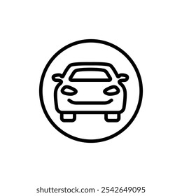 Ícone simples de linha frontal do carro. Símbolo de revendedor de automóveis e automóveis. Auto, ver, esporte, raça, transporte, sinal de contorno de transporte. Ilustração vetorial isolada no plano de fundo branco