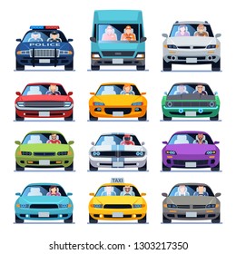 Car front view. Auto automotive people man woman child family urban drivers traffic vehicles driving cars set flat vector set