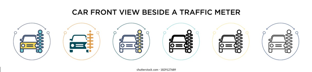 Car front view beside a traffic meter icon in filled, thin line, outline and stroke style. Vector illustration of two colored and black car front view beside a traffic meter vector icons designs can 