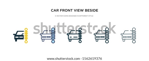 car front view beside a traffic meter icon in\
different style vector illustration. two colored and black car\
front view beside a traffic meter vector icons designed in filled,\
outline, line and