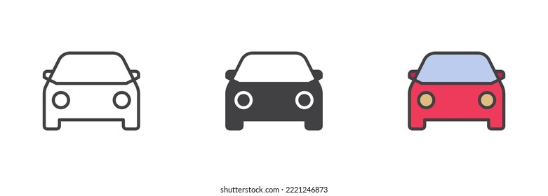 Car front view different style icon set. Line, glyph and filled outline colorful version, outline and filled vector sign. Symbol, logo illustration. Vector graphics