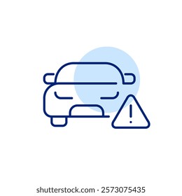 Car front view and exclamation mark on triangle. Road accident, safety warning. Pixel perfect, editable stroke icon