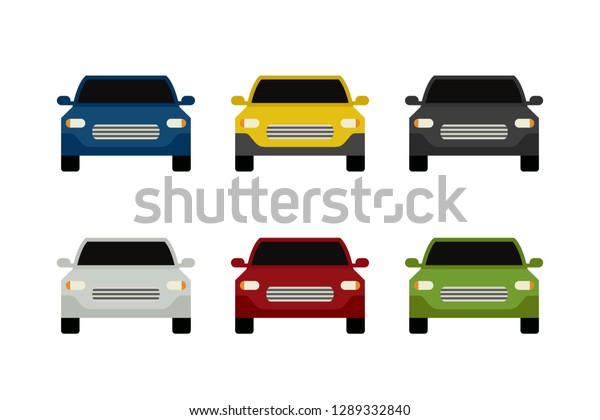 Car front\
view. Flat simple icons of colored\
cars.