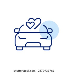 Car front view and hearts. Honeymoon, newlywed travel, romantic vacation. Pixel perfect, editable stroke icon