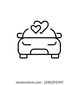 Car front view and hearts. Honeymoon, newlywed travel, romantic vacation. Pixel perfect vector icon