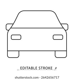 Car front view icon in minimal line style with editable stroke. Vehicle outline, automobile symbol for transport visuals, driving concept, car rental, road design, automotive content