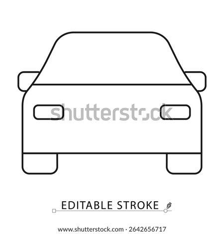 Car front view icon in minimal line style with editable stroke. Vehicle outline, automobile symbol for transport visuals, driving concept, car rental, road design, automotive content