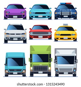 Car front view icons set. Vehicles driving auto service police truck sedan taxi cargo cars road city transport, flat vector objects