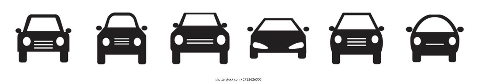 Auto Symbol، Auto Front View Icons Set Kollektion, Auto Mobile Black Silhouette auf transparenter Vektorgrafik.