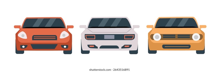 Ilustração da vista frontal do carro. Coleção de carros. Carros coloridos. Carros automotivos. Carro elétrico. Transporte. Sedan.
