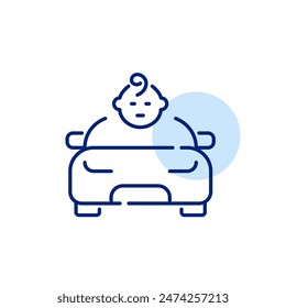 Car front view and infant face. Baby on board, children transportation safety. Pixel perfect, editable stroke icon