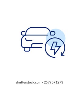 Car front view and lightning in refresh arrow. Renewable road energy, clean air and sustainable living. Pixel perfect, editable stroke icon