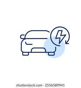 Car front view and lightning in renew arrow. Renewable road energy, clean air and sustainable living. Pixel perfect, editable stroke icon