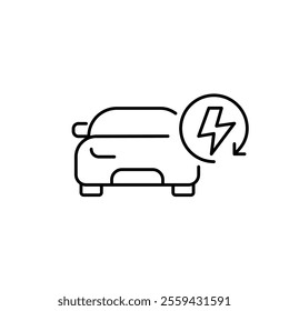 Car front view and lightning in renew arrow. Renewable road energy, clean air and sustainable living. Pixel perfect vector icon