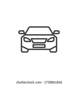 Coche, icono de la línea de vista frontal. Señal de estilo lineal para el diseño web y el concepto móvil. Vehículo, icono del vector de contorno del coche. Símbolo de transporte, ilustración del logotipo. Gráficos vectoriales