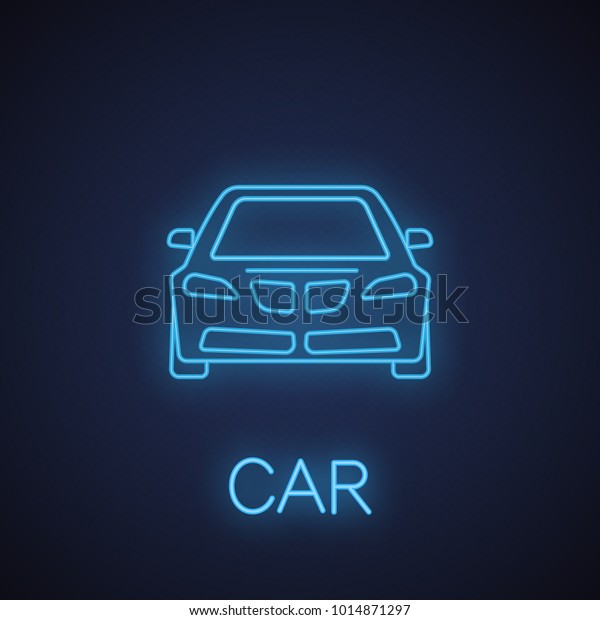 Car front view neon light\
icon. Automobile. Auto workshop glowing sign. Vector isolated\
illustration