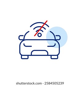 Car front view and no wi-fi symbol. Smart vehicle disconnected, navigation unavailable. Pixel perfect, editable stroke vector icon