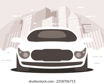 Car front view on the background of the metropolis. Flat vector