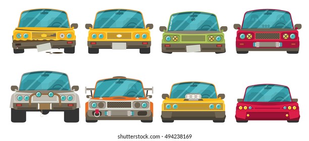 Car front view. Race car tuning set. Colorful vector illustration of vehicle. Flat design.