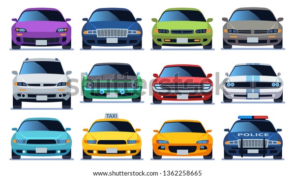 Car front view set. Urban city traffic vehicle\
model cars. Police and taxy color fast auto traffic driving flat\
vector sedan collection