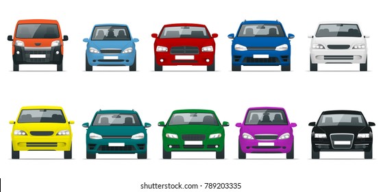 Car front view set. Vehicles driving in the city. Vector flat style illustration isolated on white background.