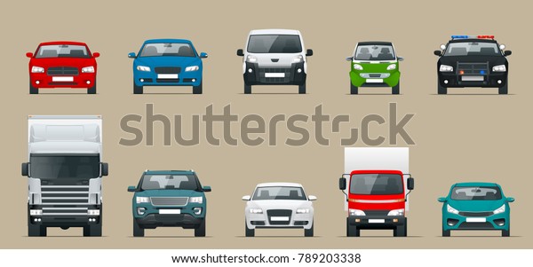 車の正面図セット 市内を走る車 グレイの背景にベクターフラットスタイルの漫画イラスト のベクター画像素材 ロイヤリティフリー