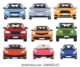 Car front view. Various vehicles view from the hood. Passenger cars, off-road and sports cars. Vector illustration