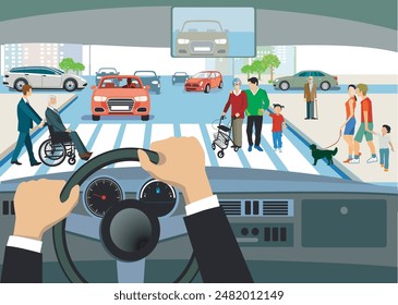 Auto vor einem Zebrastreifen, Vorsicht vor Fußgängern, Illustration