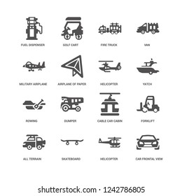 Car frontal view, Helicopter, Fuel dispenser, All terrain, Forklift, Cable car cabin, Fire truck icon 16 set EPS 10 vector format. Icons optimized for both large and small resolutions.