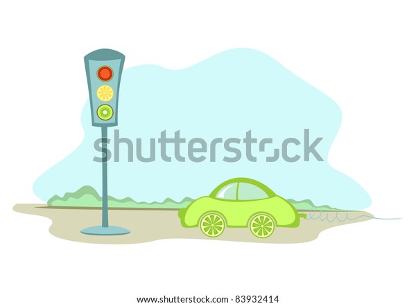 A car with the fruit-like wheels and a\
traffic lights with the fruit-like\
lights